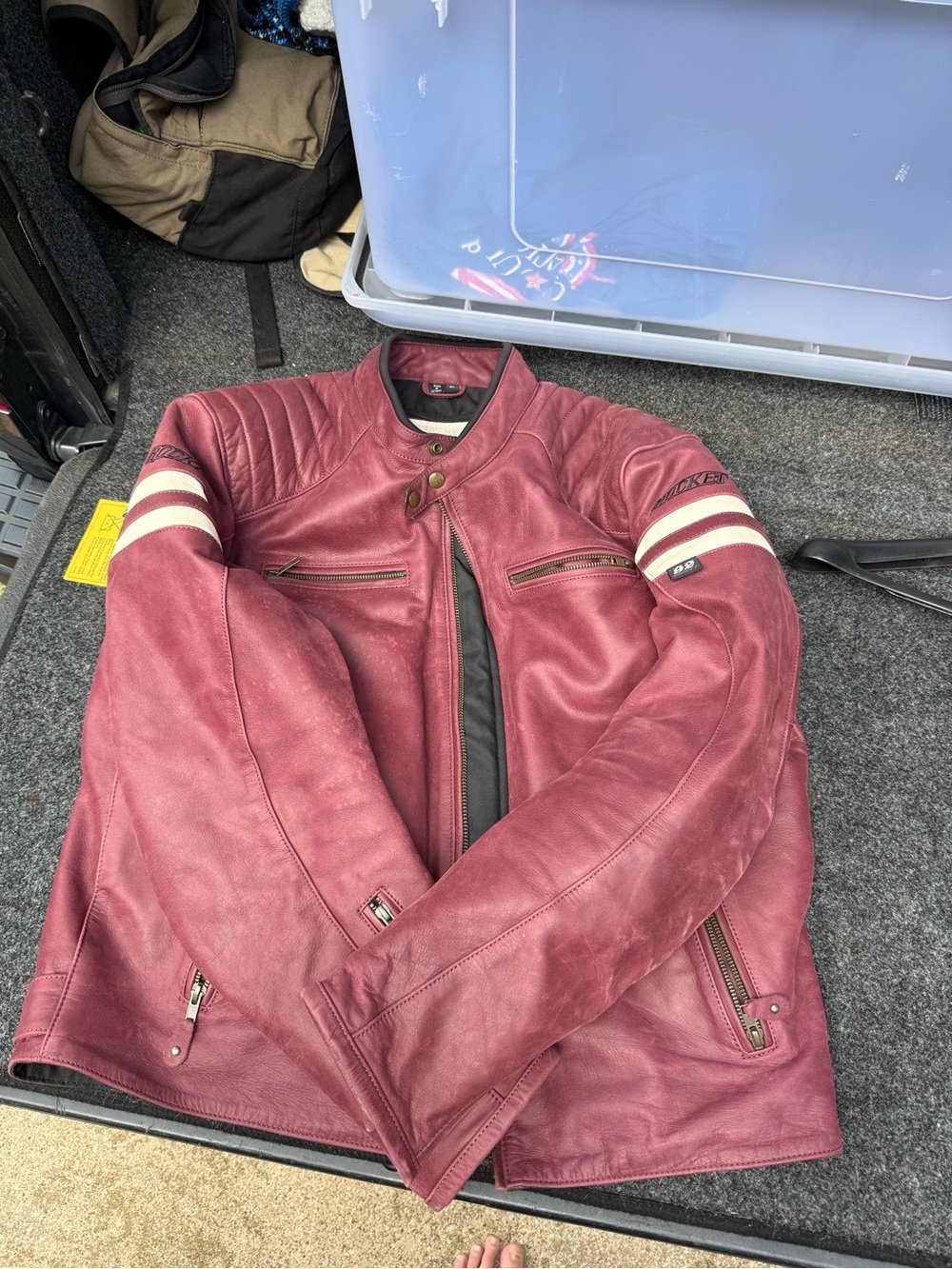 Men's Burgundy Leather Motorcycle Jacket with White Sleeve Stripes